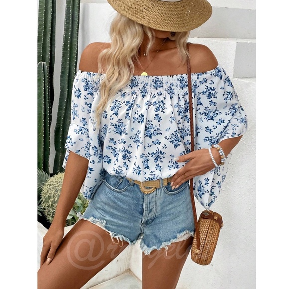 White Blue Floral Off Shoulder Top Flounce Ruffle Sleeve - Picture 4 of 7